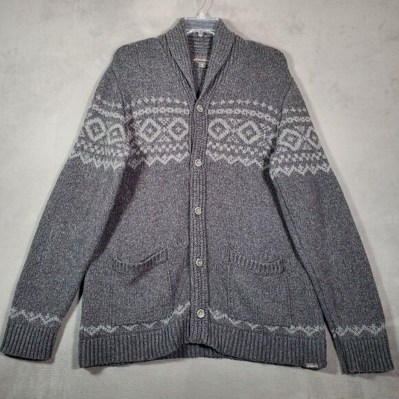 Eddie Bauer Cardigan Sweater Mens XLT Gray Fair Isle Wool Blend Button Nordic - Picture 1 of 8